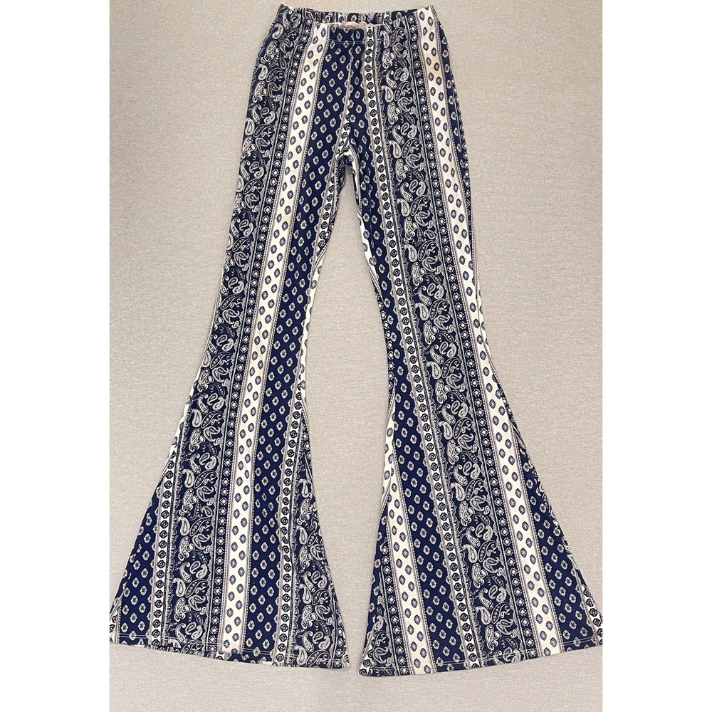 Blue Paisley‎ Stripe Flare Pants Y2K Boho Bell Bottom Stretch High Waist